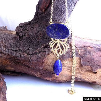 Gold Plated Chain Necklace with Lotus Blue Gemstone Light Charm Necklace SKU5596