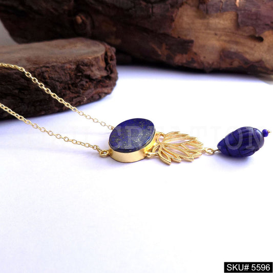 Gold Plated Chain Necklace with Lotus Blue Gemstone Light Charm Necklace SKU5596