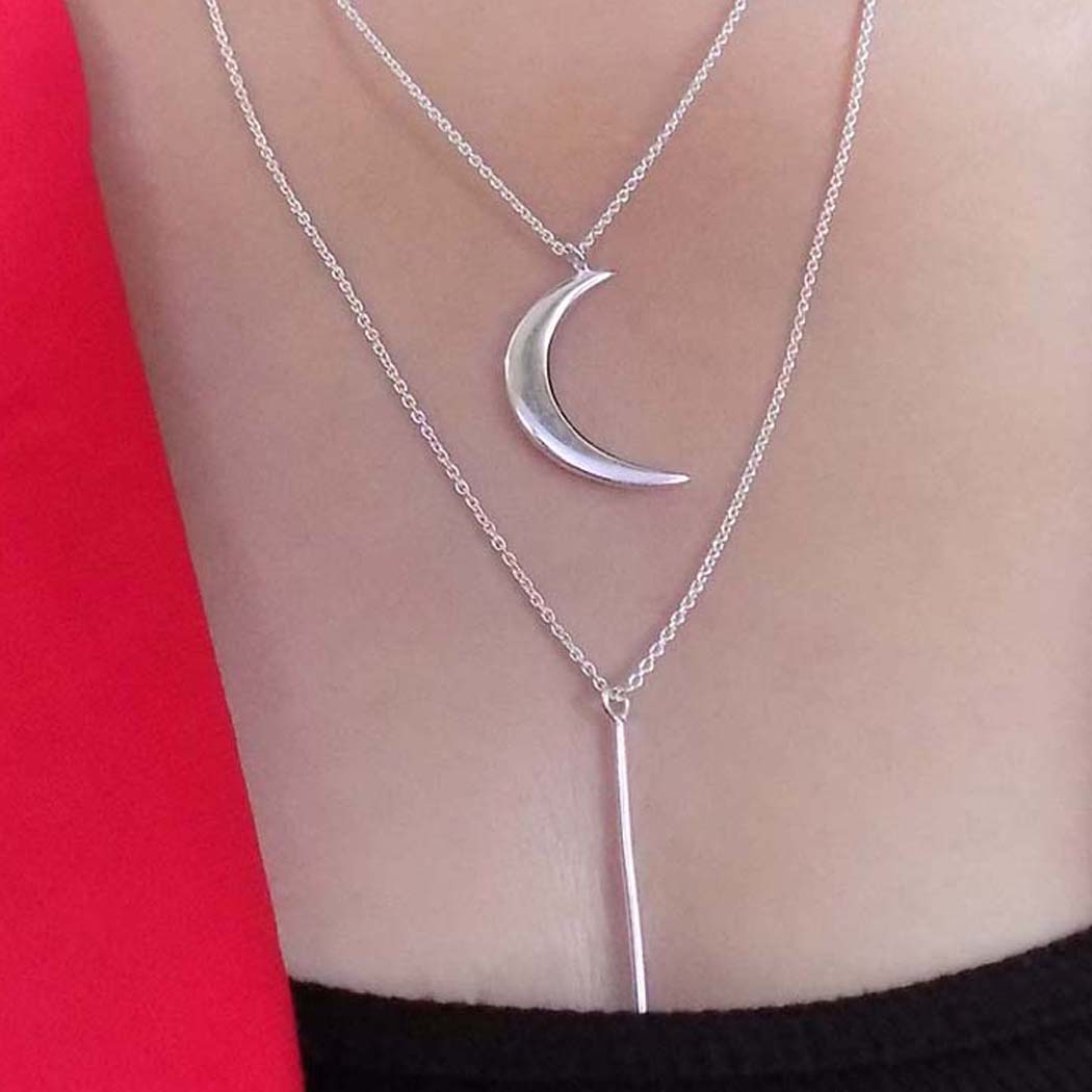 Silver Plated Chain Unique Half Moon and Statement Charm of Chain Necklace SKU6018