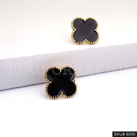 Gold plated Statement Design Black Enamel Flower Style Stud Earring SKU6055