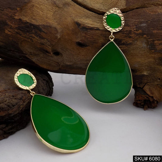 Gold plated Hammered Green Enamel Tear Drop Style Design Drop and Dangle Earring SKU6080
