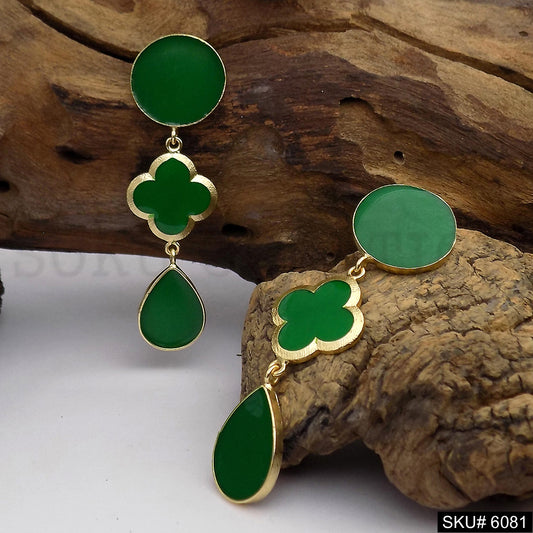 Gold plated Green Enamel Flower Style Design Drop and Dangle Earring SKU6081