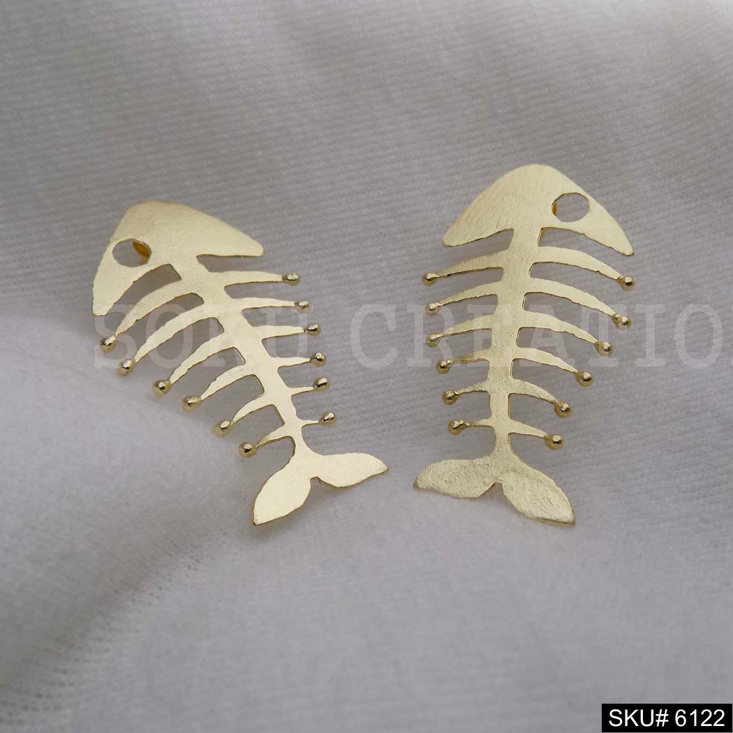 Gold plated Designer Fish Bone Big Stud Earring SKU6122