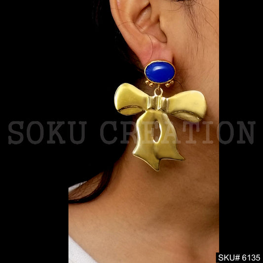 Ribbon Tie with Blue Stone Gold plated Drop and Dangle Earring SKU6135
