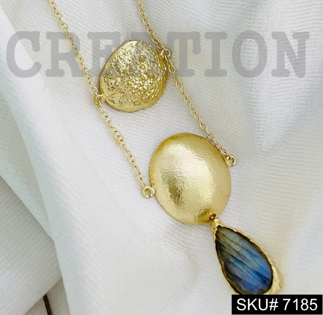 Gold Plated Cable Chain with Statement Hammered  and Labra Stone Design of  Light Wight NecklaceSKU7185