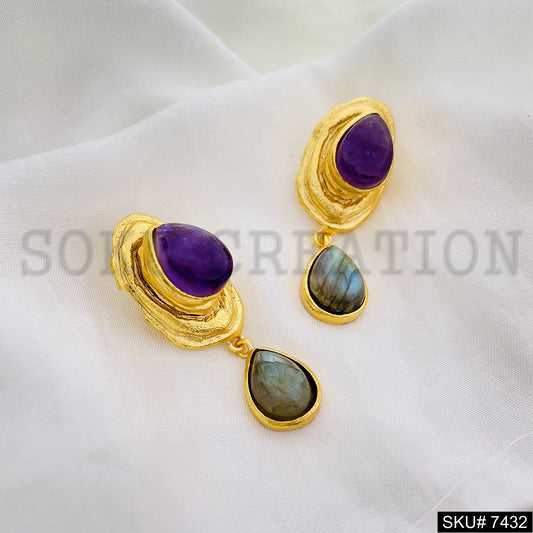 Gold plated Handmade Purple and Labra Stone Design Drop and Dangle Earring SKU7432