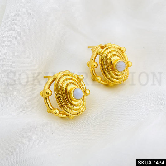 Gold Plated Unique White Stone Doted Style of Handmade Stud Earrings SKU7434