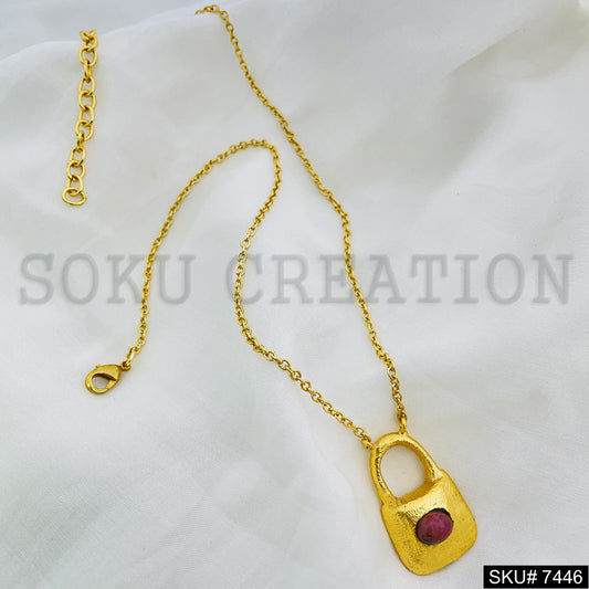 Gold Plated Cable Chain with Lock Design of Charm SKU7446