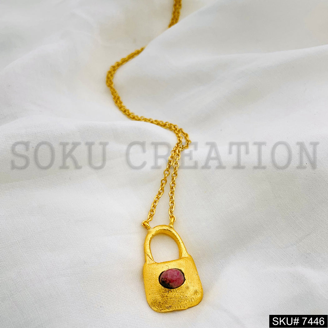 Gold Plated Cable Chain with Lock Design of Charm SKU7446
