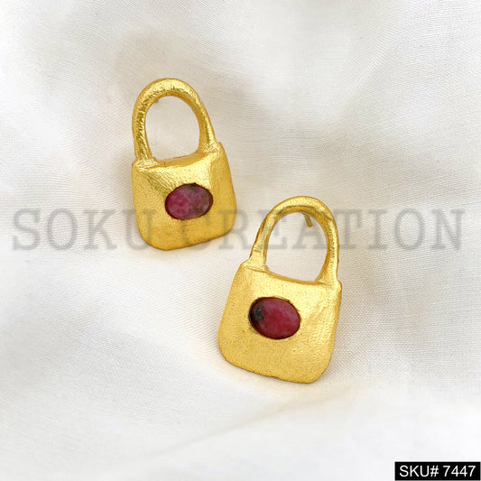 Gold Plated Unique Lock Design of Handmade Stud Earrings SKU7447