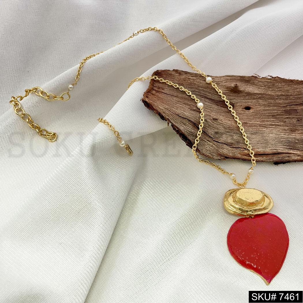 Gold Plated Red Enamel Heart Style Handmade Pendant With Chain SKU7461