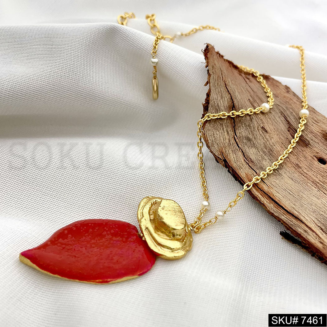 Gold Plated Red Enamel Heart Style Handmade Pendant With Chain SKU7461