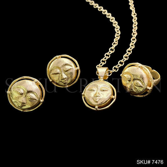 Gold plated Unique Design of Goddess Face Stud Earring, Ring and Necklace SKU7476