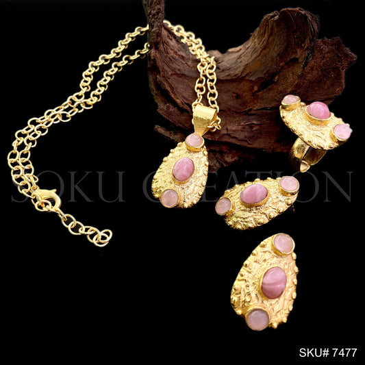 Gold plated Unique Design Gemstone Hammered of Stud Earring, Ring and Necklace SKU7477