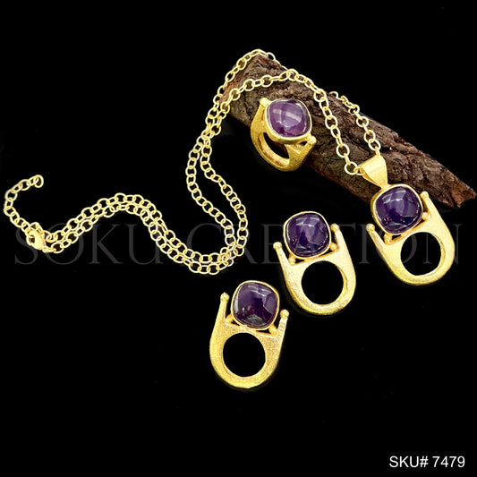 Gold plated Unique Design Gemstone of Stud Earring, Ring and Necklace SKU7479