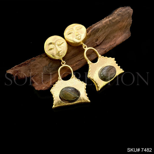 Gold plated Handmade Goddess Face Design Drop and Dangle Lock with Gemstone Earring SKU7482