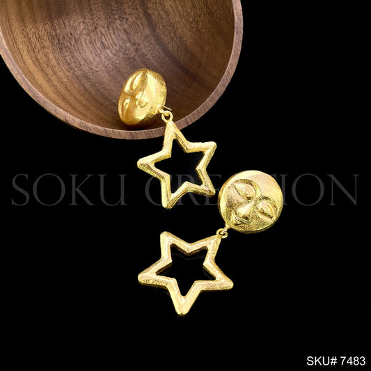 Gold plated Handmade Goddess Face Design Drop and Dangle Star Earring SKU7483
