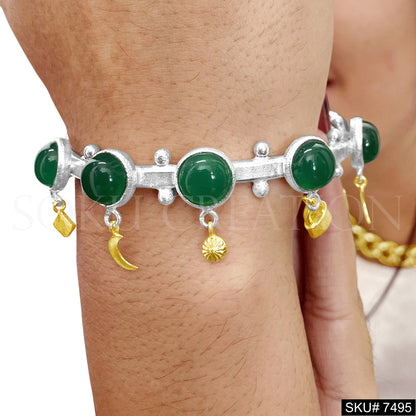 Silver Plated Statement Designer Gemstone Cuff with Gold Plated Charms SKU7495