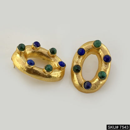Gemstone Stud Oval Shape Earrings in Gold Plated