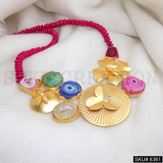 Gold Plated Statement Gemstone Dragonfly flower With Red Beads of Necklace SKU6361