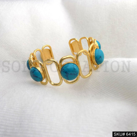 Gold Plated Round Turquoise Stone Handmade Design of Cuff SKU6415