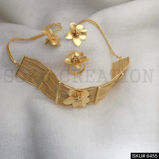 Gold plated Unique Flower Design Jewelry Set Necklace Earrings and Ring SKU6455