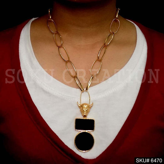 Gold Plated Designer Chain Bull Necklace with  Black enamel  Necklace SKU6470