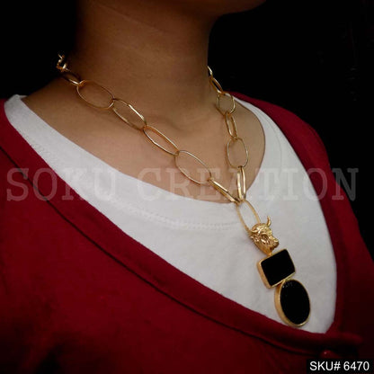 Gold Plated Designer Chain Bull Necklace with  Black enamel  Necklace SKU6470