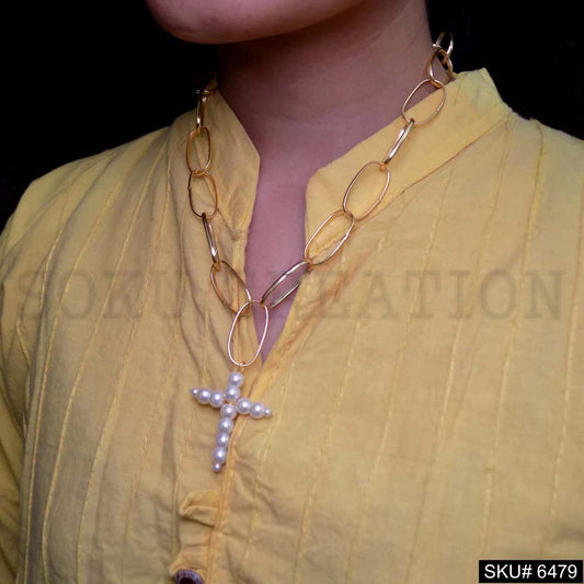 Gold Plated Designer Chain Necklace with Pearl Pendant Christianity  Necklace SKU6479
