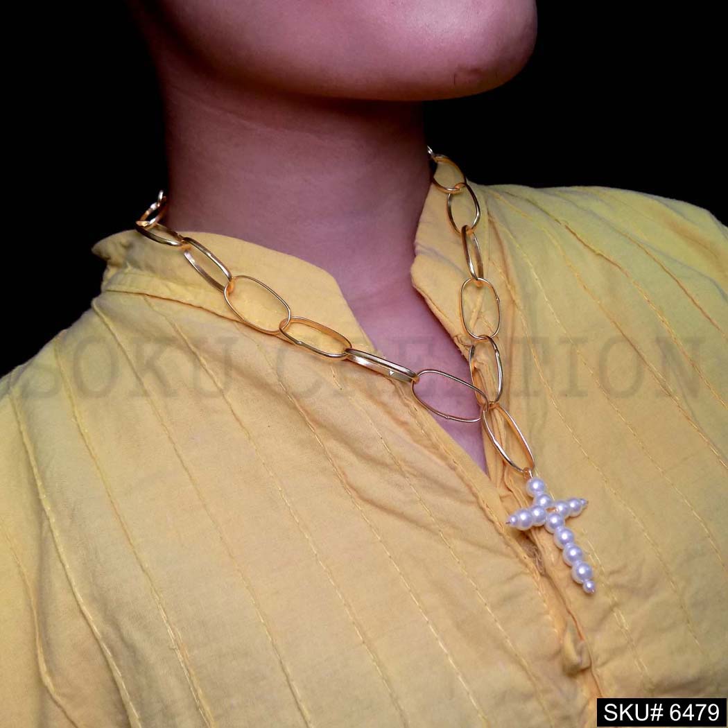 Gold Plated Designer Chain Necklace with Pearl Pendant Christianity  Necklace SKU6479