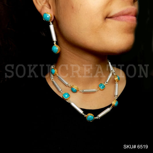 Gold plated Turquoise Stone Design Jewelry Set Silver Plated Double Layer of Necklace Earrings SKU6519