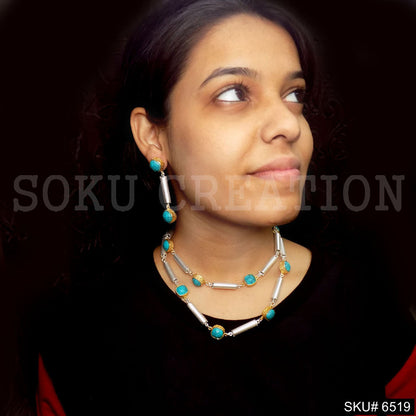 Gold plated Turquoise Stone Design Jewelry Set Silver Plated Double Layer of Necklace Earrings SKU6519