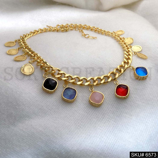 Gold Plated Cable Chain With Multi Coins and Multi Color of Charms in Necklace SKU6573
