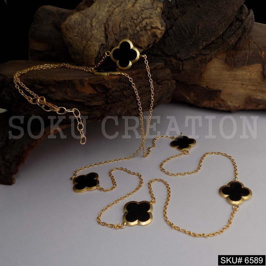 Gold Plated Belcher Chain With Multi Black Flower Charms in Necklace SKU6589