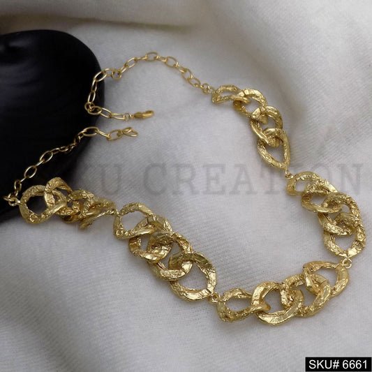 Gold Plated Hammered Thick Broad Handmade Cable Chain Necklace SKU6661