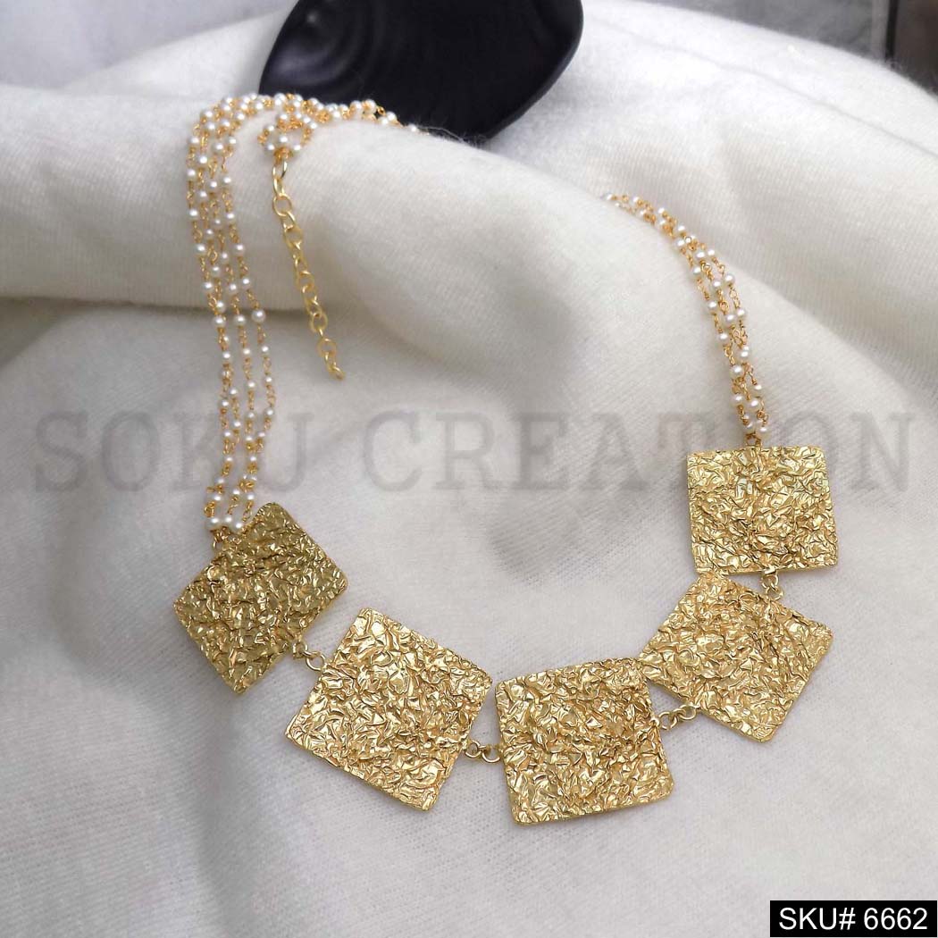 Gold Plated Hammered Square Statement Necklace SKU6662
