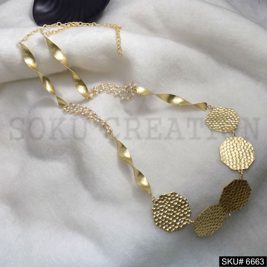 Gold Plated Hammered Hexagon Twisted Wire Statement Necklace SKU6663