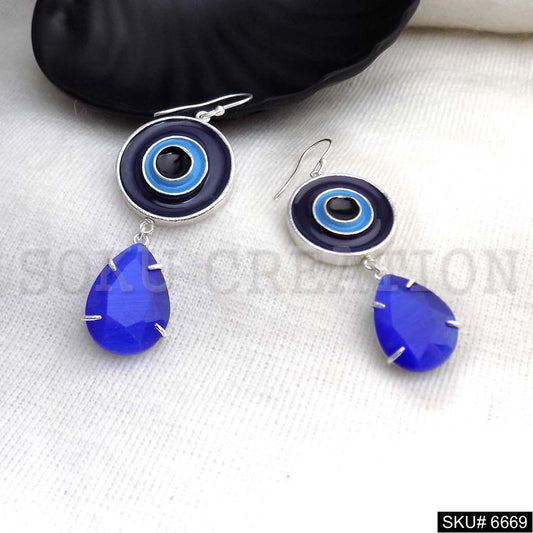 Silver plated Blue Gemstone Evil Eye Ear Wire Earrings SKU6669
