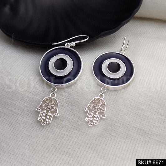 Silver plated Designer Protective Hand Dangle Charm with Evil Eye Ear Wire Earrings SKU6671