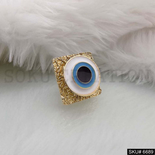 Gold Plated Unique Designer Hammered Square Evil Eye Adjustable Handmade Ring SKU6689