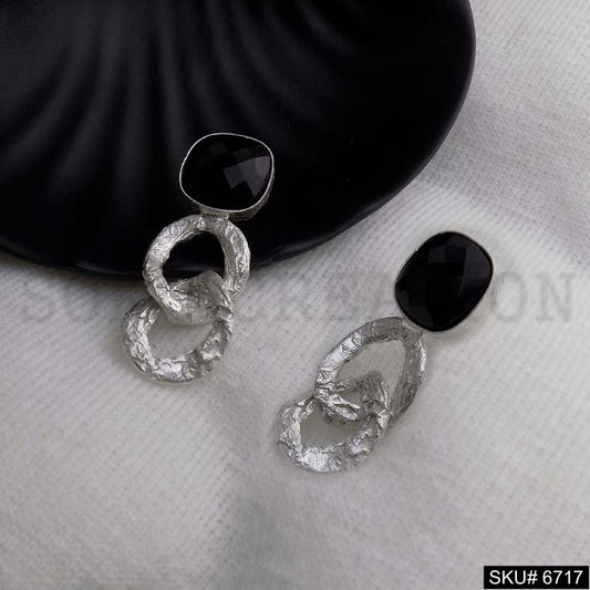 Silver plated Unique Hammered Designer With Black Gemstone Drop and Dangle Earrings SKU6717