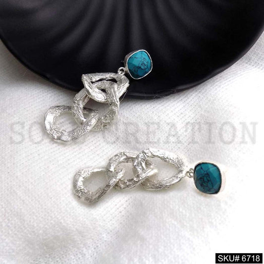 Silver plated Unique Hammered Designer With Turquoise Gemstone Drop and Dangle Earrings SKU6718