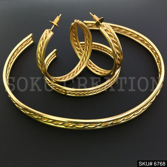 Gold plated Unique Twisted Wire Design Jewelry Set Earrings Cuff and Choker SKU6768