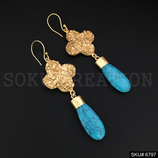 Gold plated Ear Wire Hammered texture Turquoise Earring SKU6797