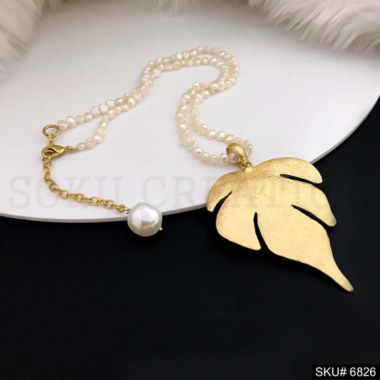 Gold plated plain pearl beads with charm of leaf Necklace SKU6826