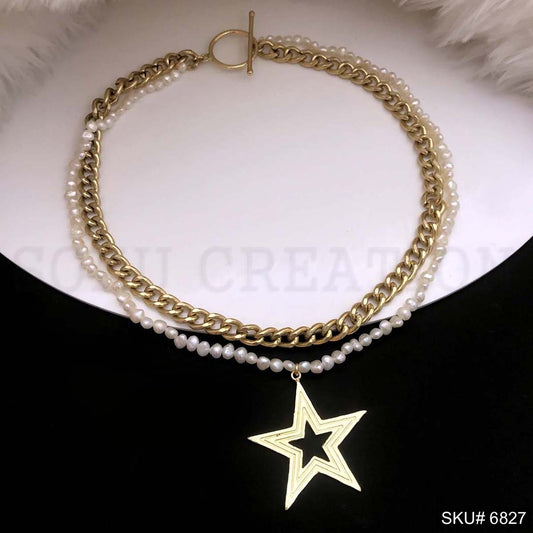 Gold plated Cahin and plain pearl beads with charm of star Necklace SKU6827