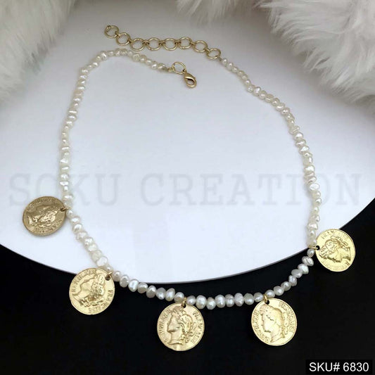 Gold plated plain pearl beads with vintage style coins Necklace SKU6830