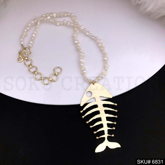 Gold plated plain pearl beads with Fish bones style Necklace SKU6831