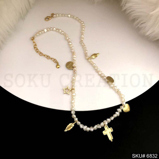 Gold Plated Plain Pearl Beads with Love of Charms Necklace SKU6832