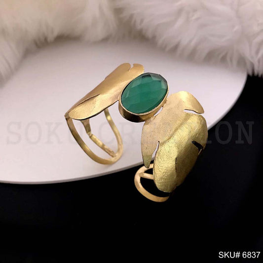 Gold Plated Green Gemstone with designer Leaf on Cuff SKU6837